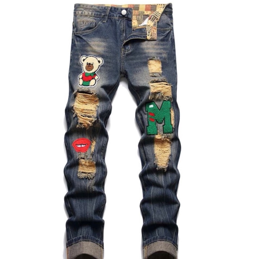 Distressed slim straight washed jeans dark denim patch ripped denim…